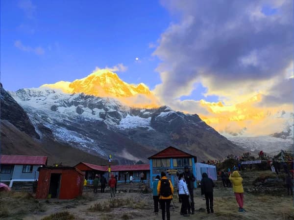 Alpenglow On Annapurna Peaks At Sunset Viewed From The Base Camp