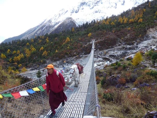 Crossing Suspension Bridge In Manaslu Circuit