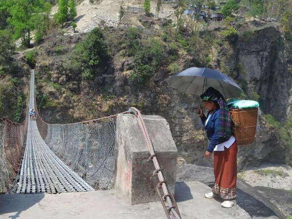 Crossing Suspension Bridge In Tsum Valley