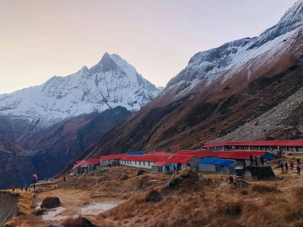 Iconic Fishtail Mountain Peak Dominating The Skyline From Annapurna Base Bamp