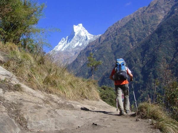 Trekkers Walking On A Clear Mountain Path Towards Annapurna Base Camp