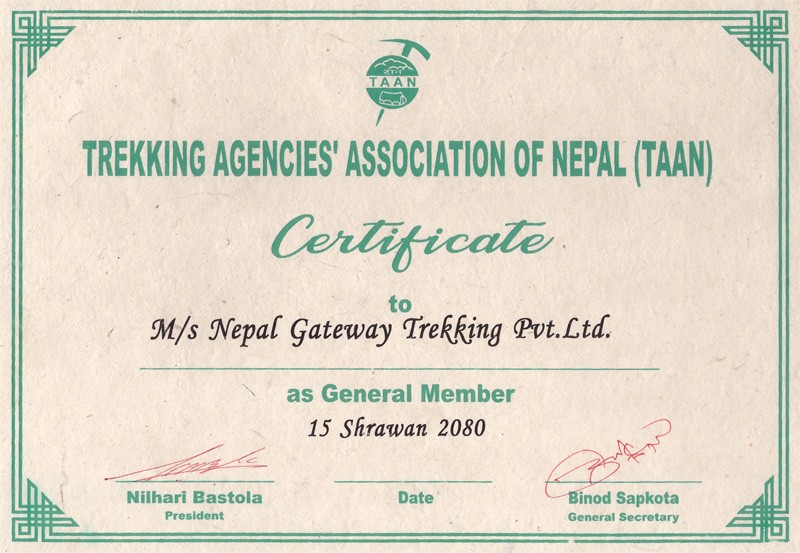 Trekking Agencies' Association of Nepal (TAAN) Certificate